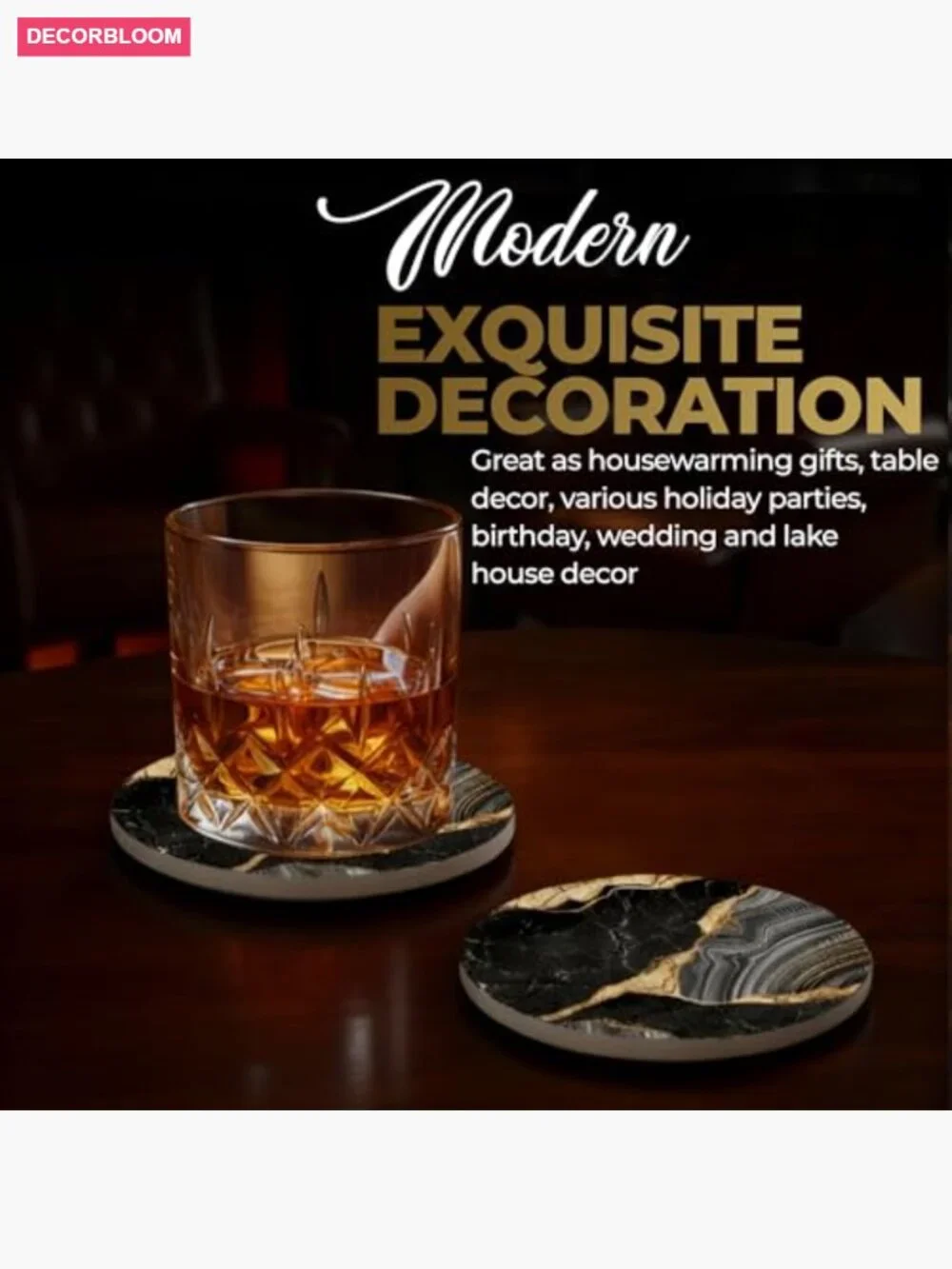 Set of 6 Ceramic Coasters with Gold Metal Holder - Round Drink Coasters for